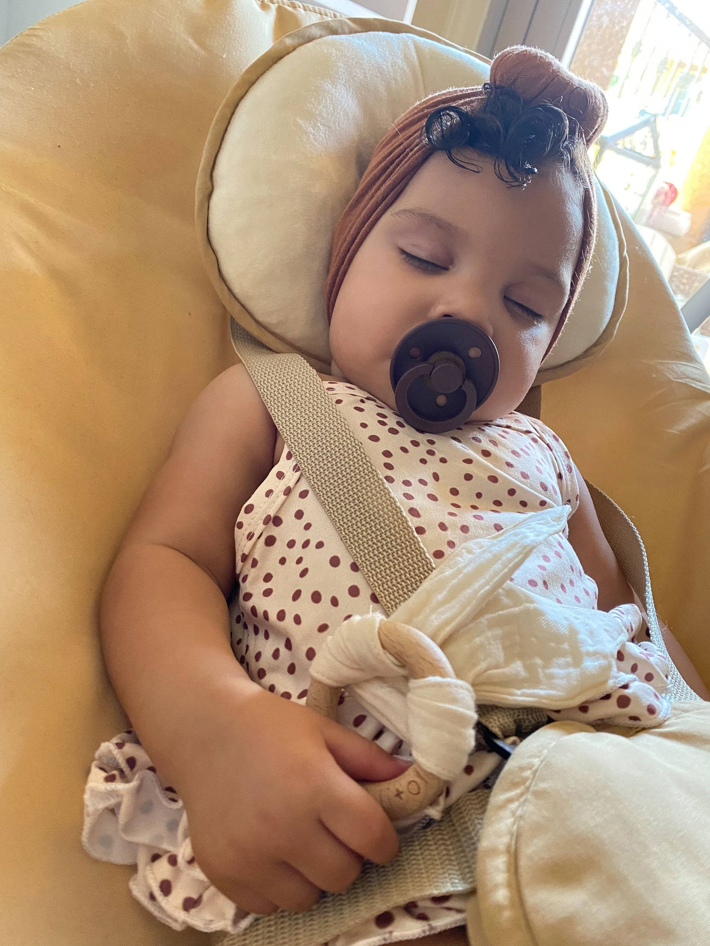 Crinkle Bunny Ears Wooden Ring Teething Toy | Beige