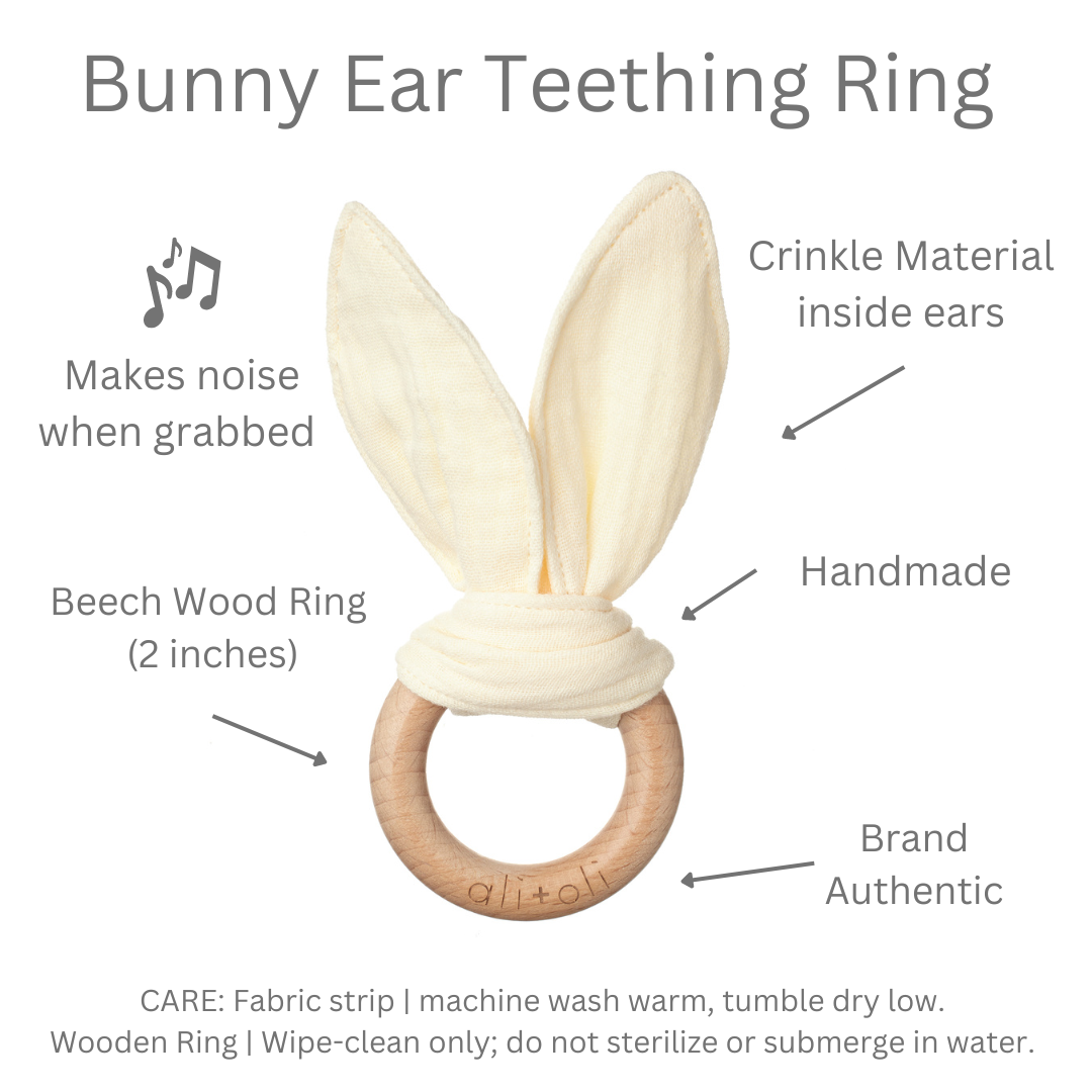 Crinkle Bunny Ears Wooden Ring Teething Toy | Beige