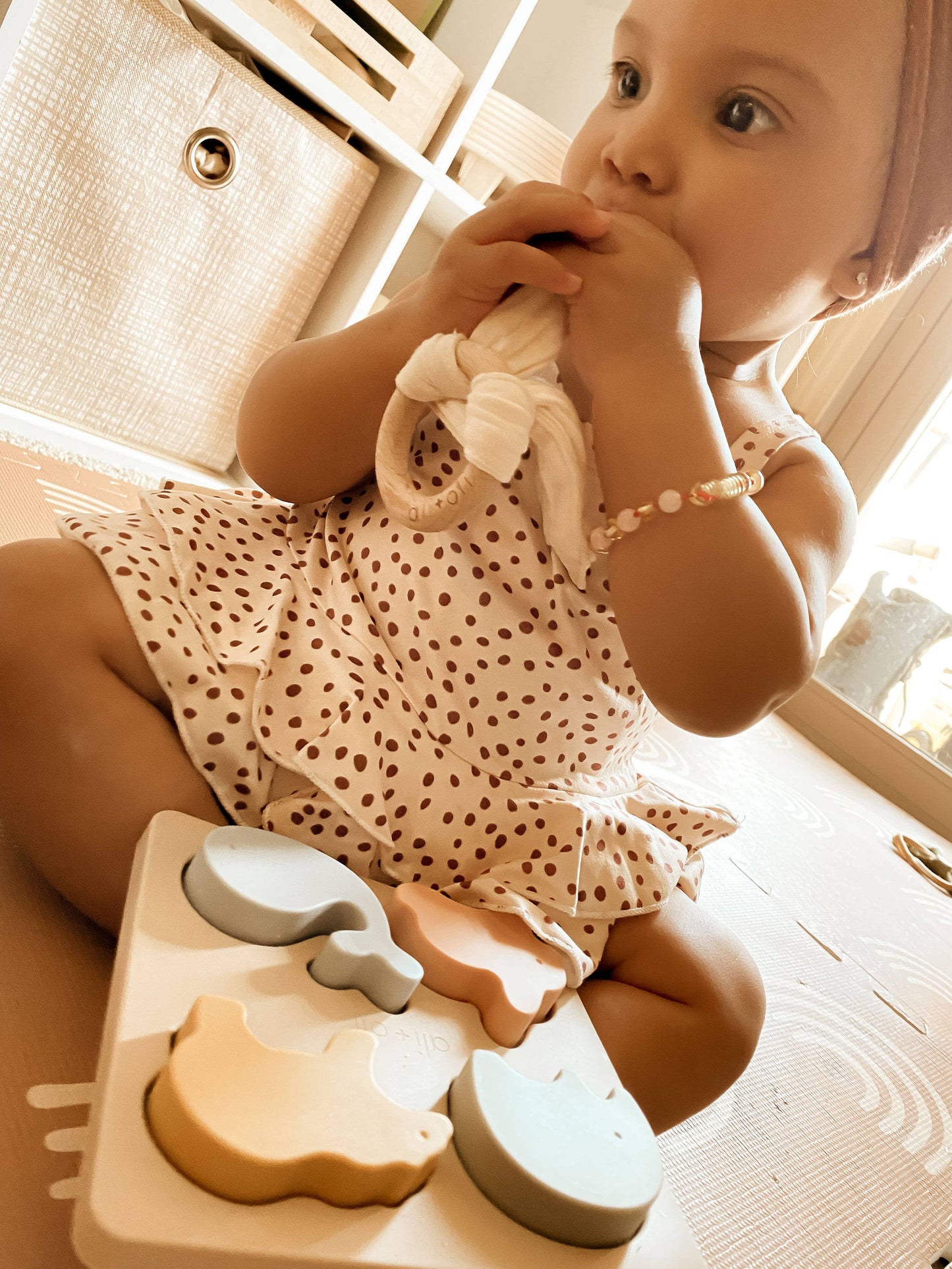 Crinkle Bunny Ears Wooden Ring Teething Toy | Beige