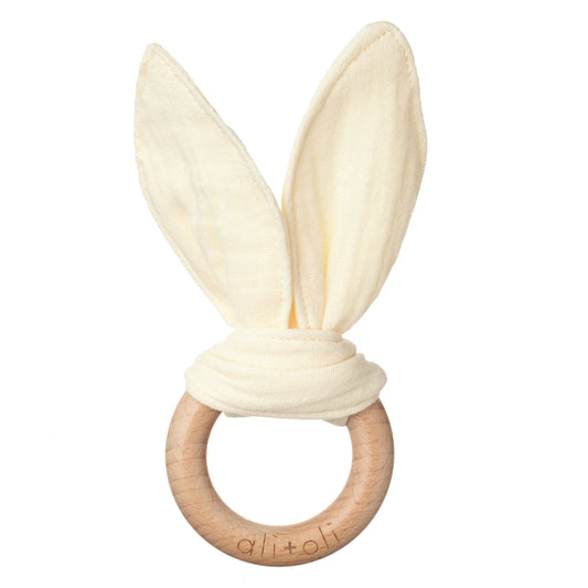 Crinkle Bunny Ears Wooden Ring Teething Toy | Beige