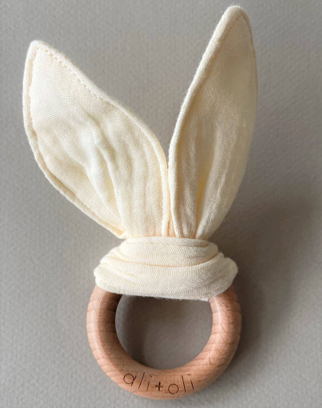 Crinkle Bunny Ears Wooden Ring Teething Toy | Beige