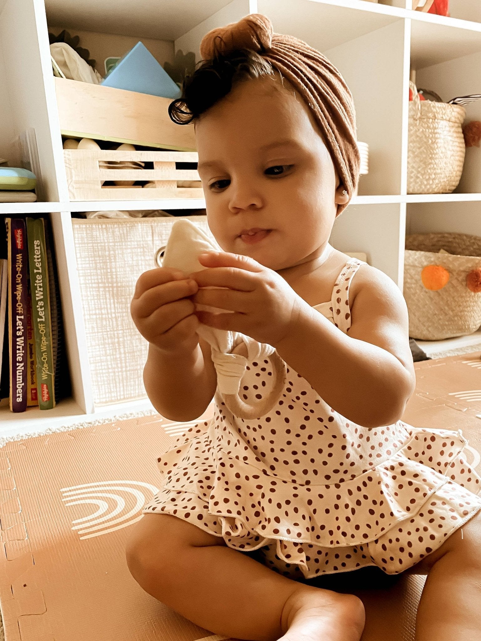 Crinkle Bunny Ears Wooden Ring Teething Toy | Beige - Afternoon Lark