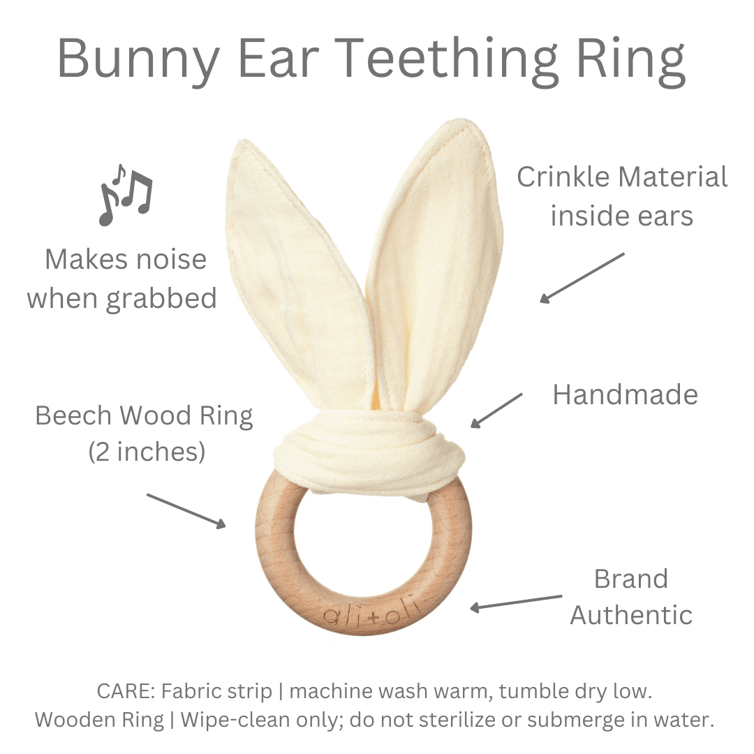 Crinkle Bunny Ears Wooden Ring Teething Toy | Beige - Afternoon Lark